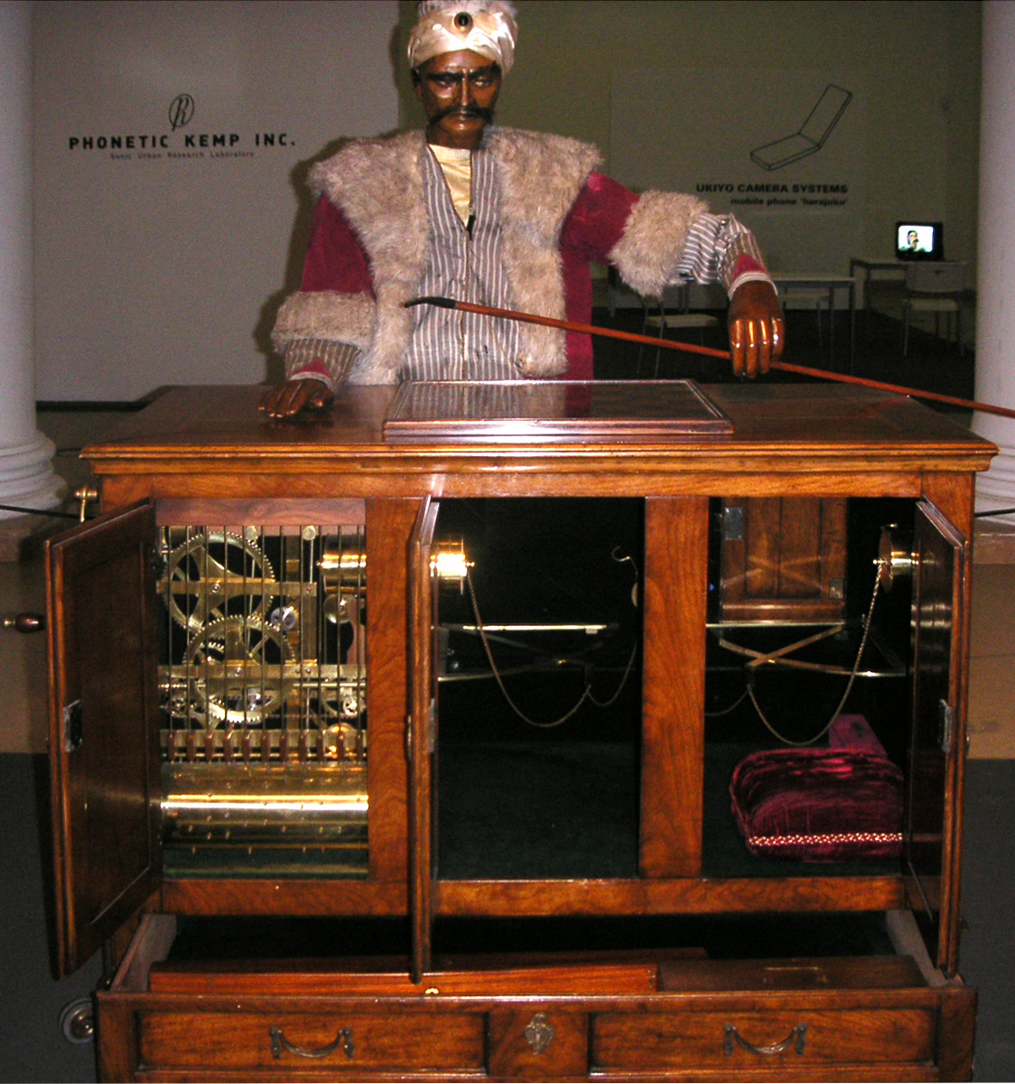 Photo of the reconstruction of the Turk, the chess-playing automaton designed by Kempelen.