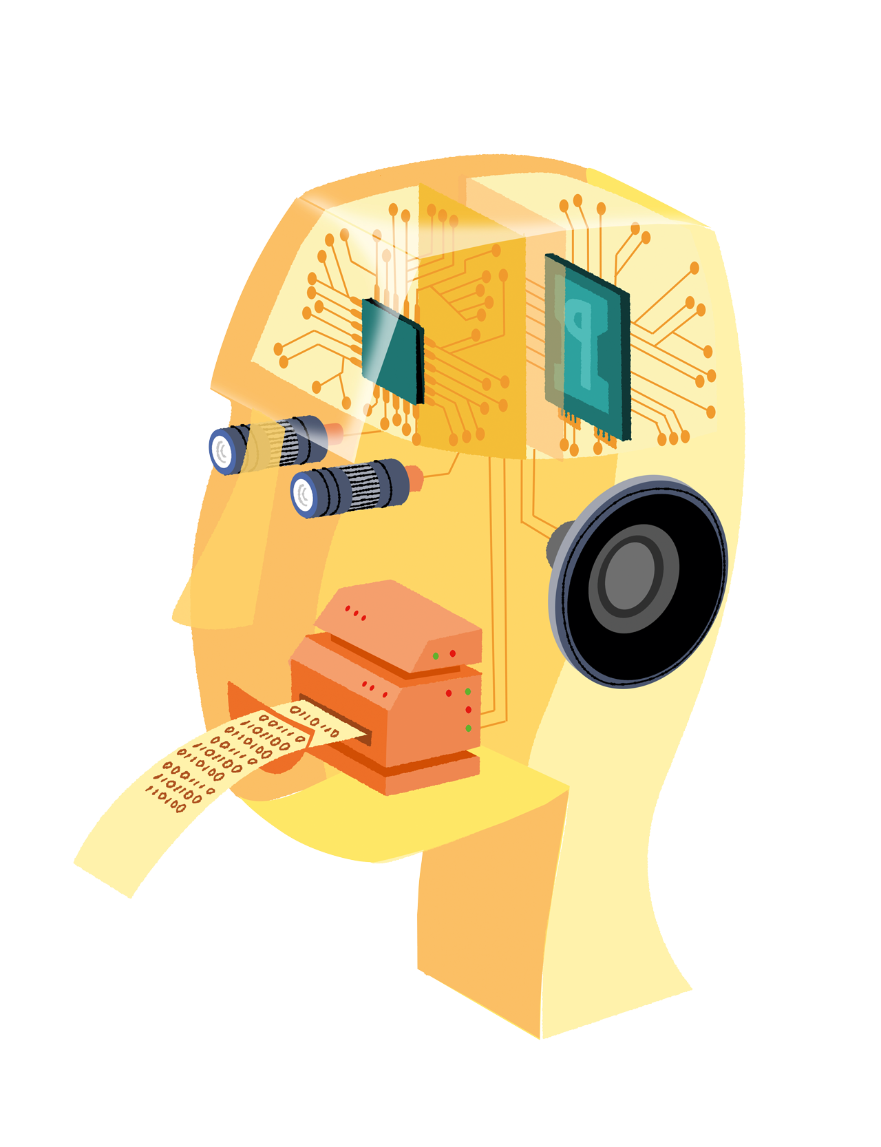 Illustration of a person with a computer for a head