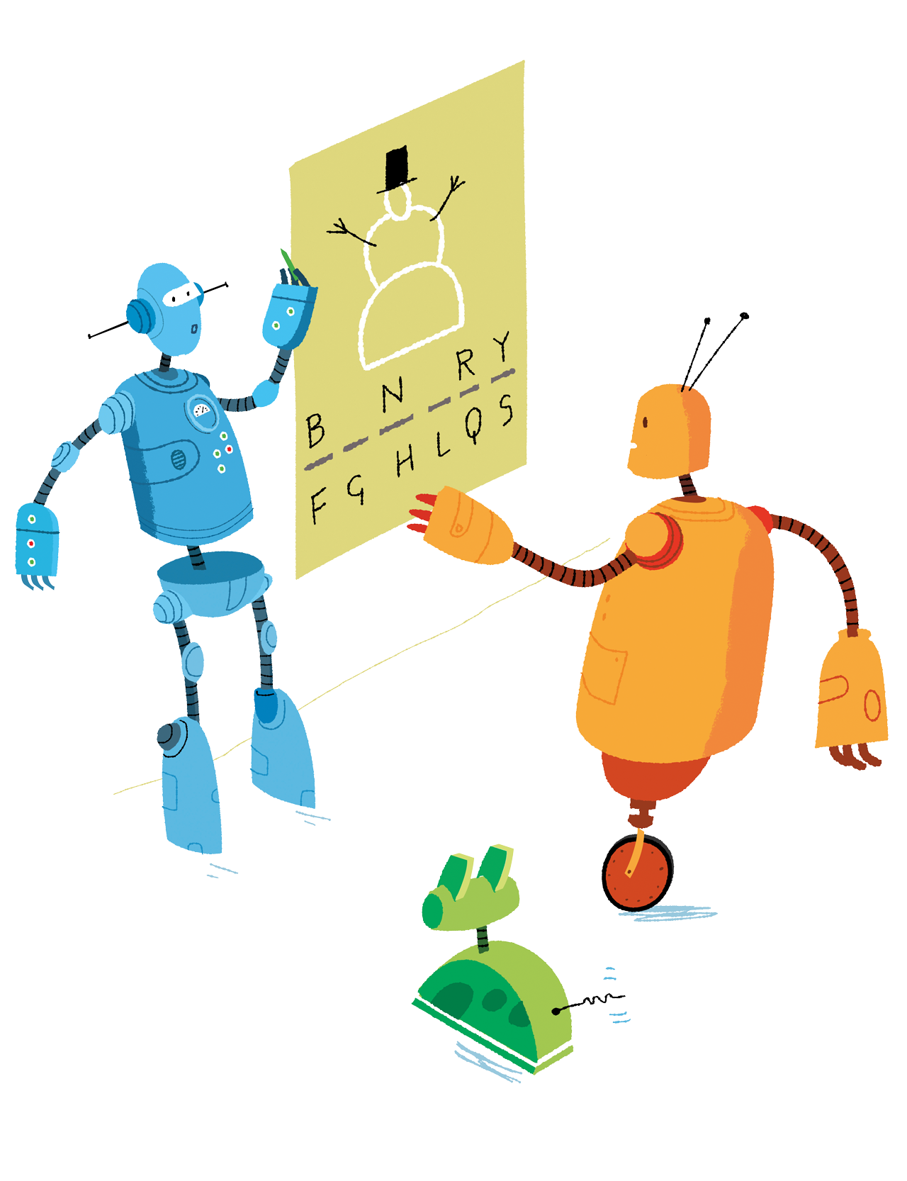 Robots playing a hangman-style game